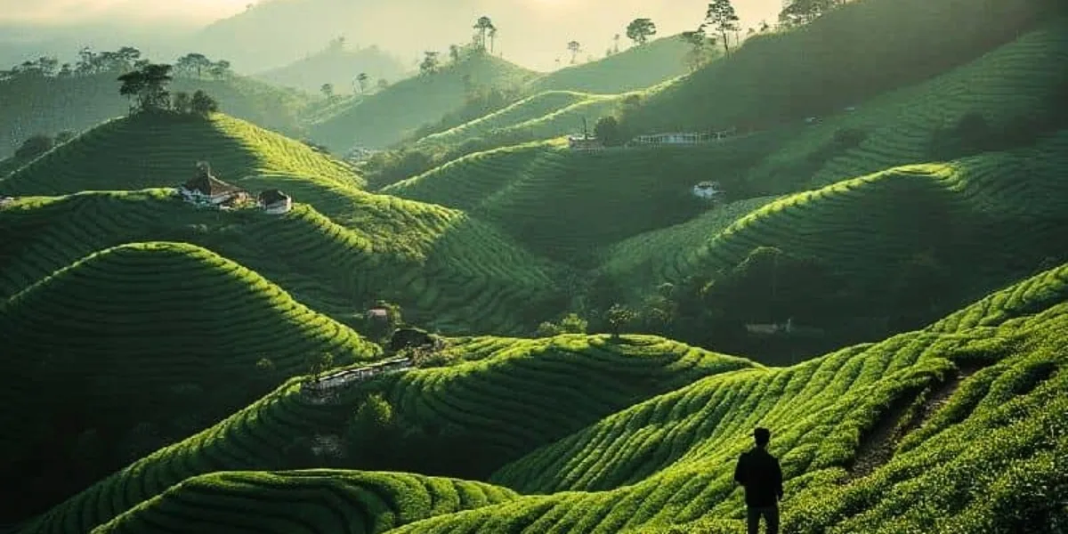 rolling tea plantations in Munnar Kerala surrounded by misty hills