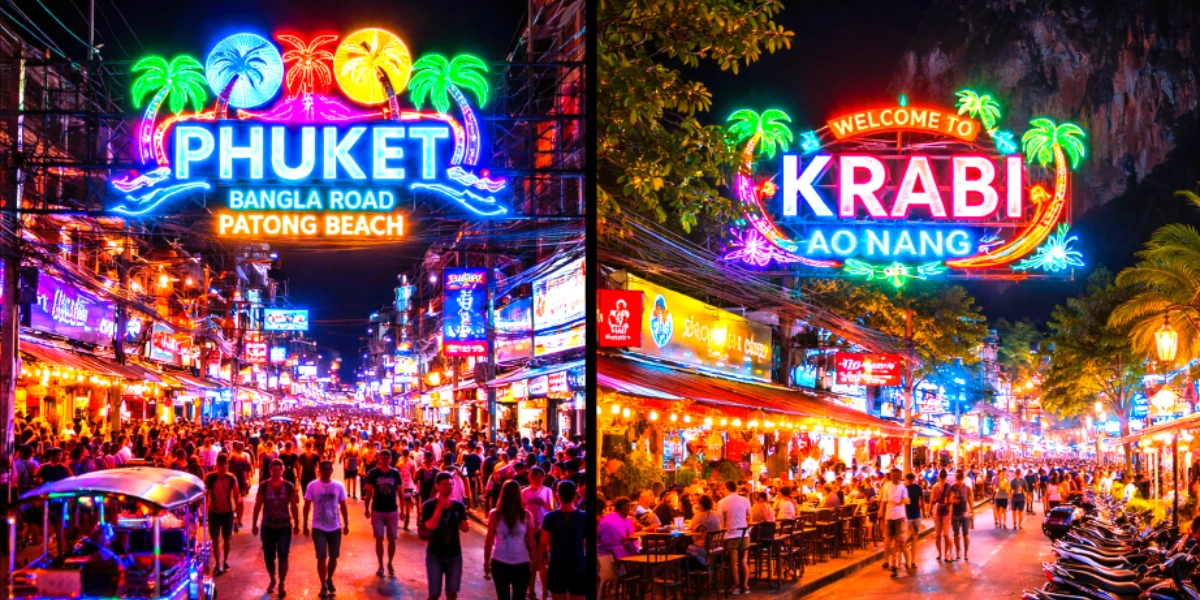 Phuket nightlife street lights and Krabi peaceful beach evening comparison