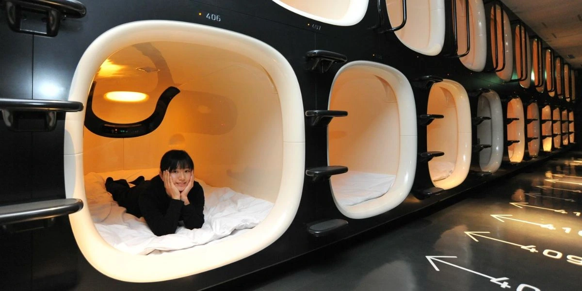 Capsule hotel in Japan showing compact and affordable accommodation