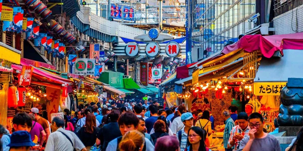 Local street market in Japan with affordable souvenirs and handmade items