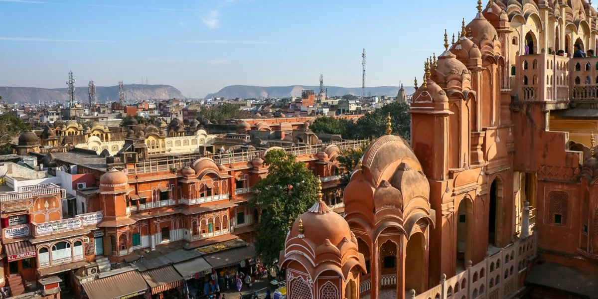 Jaipur City View from Hawa Mahal Panoramic view of Jaipur city seen from Hawa Mahal top floors