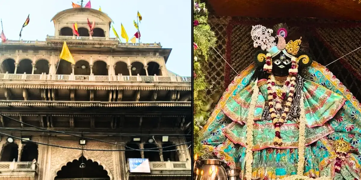 Banke Bihari Temple Vrindavan Architecture Front view of Banke Bihari Temple in Vrindavan, Uttar Pradesh