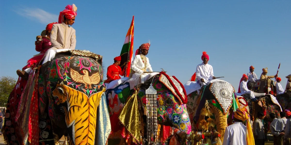 Rajasthan vibrant festival decorations Colourful decorations and traditional artwork for Rajasthan festival