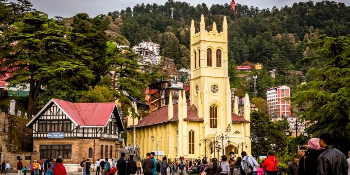 Shimla Mall Road with colonial buildings and mountain backdrop