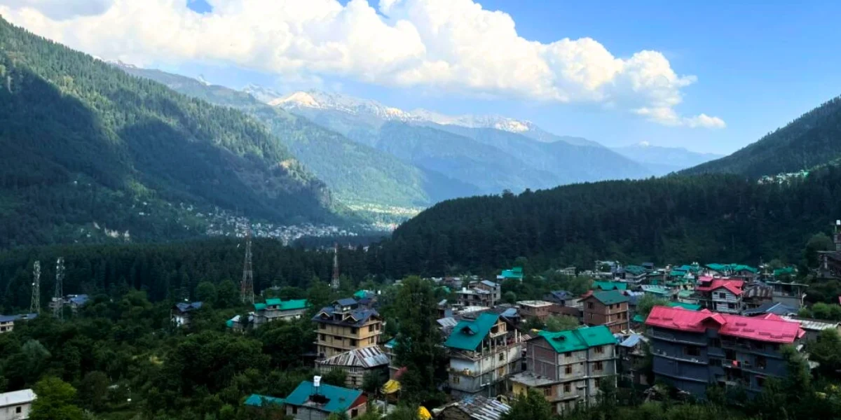 Scenic view of Manali valley and mountains in June