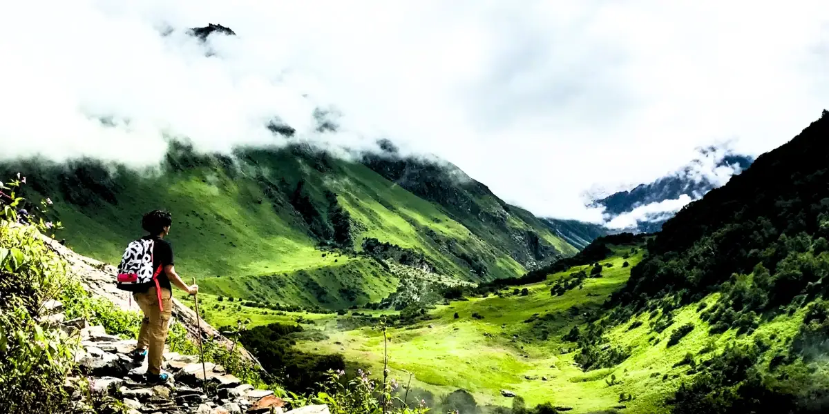 Valley of Flowers Trekking Experience Trekkers hiking through Valley of Flowers trail with mountains and rivers in background