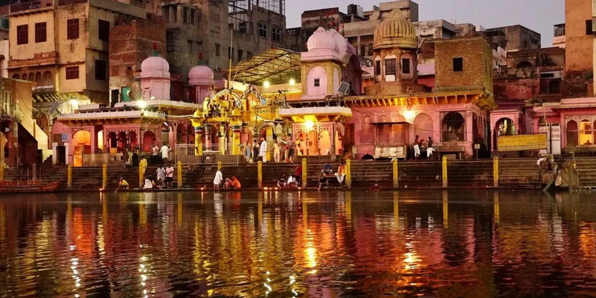 Yamuna Ghats Vrindavan Morning Spiritual Walk Early morning view of Yamuna Ghats in Vrindavan with devotees performing rituals