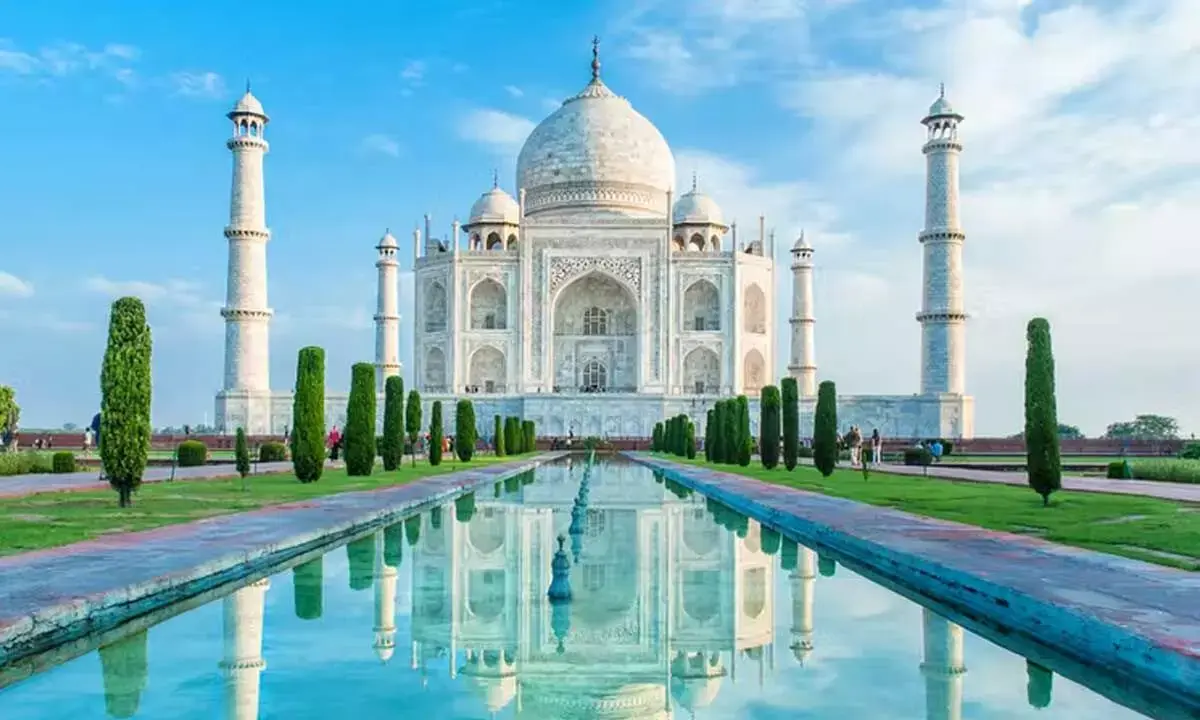 view of the Taj Mahal in Agra with reflecting pool