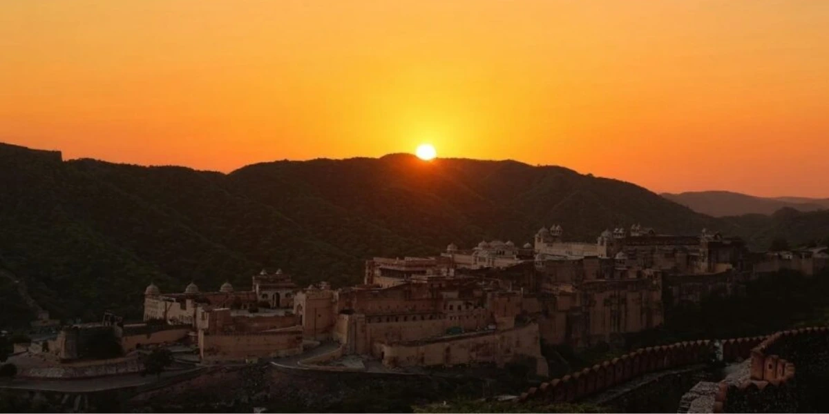 Jaipur golden hour view from Amber Fort Sunset over Jaipur forts