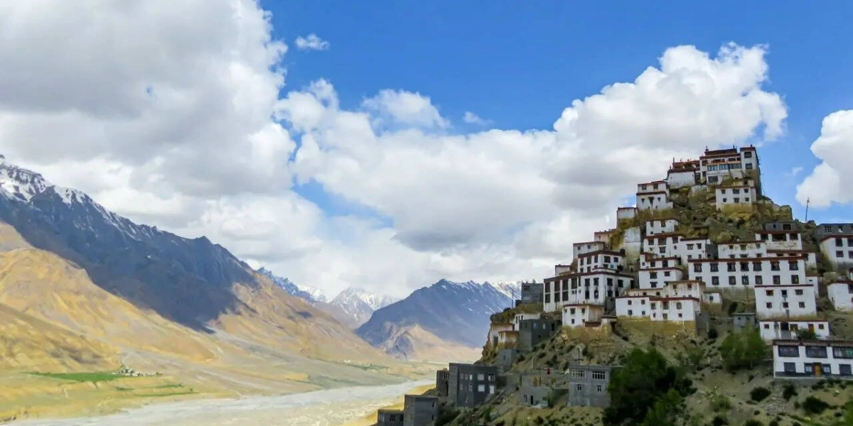 Clear blue skies and mountains in Spiti Valley during summer