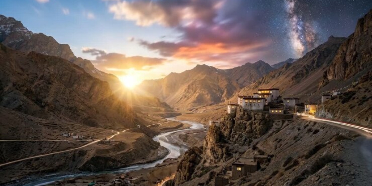 Panoramic view of Spiti Valley mountains at sunset