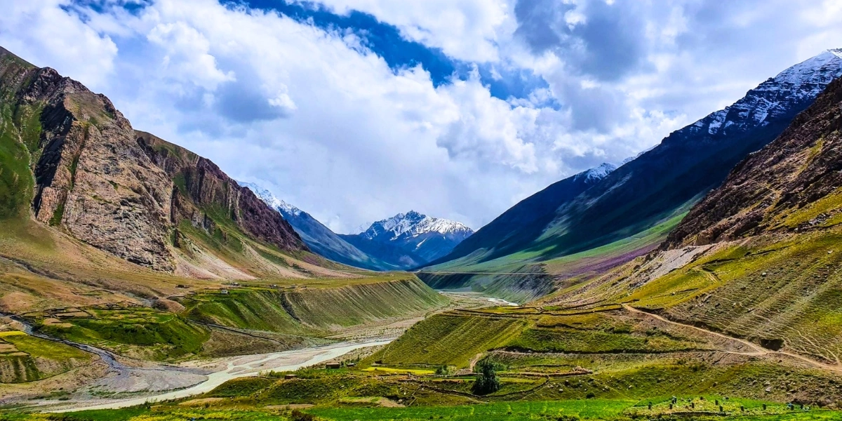 Mudh Village in Pin Valley National Park Mudh village in Pin Valley National Park Spiti with green fields and snow capped mountains