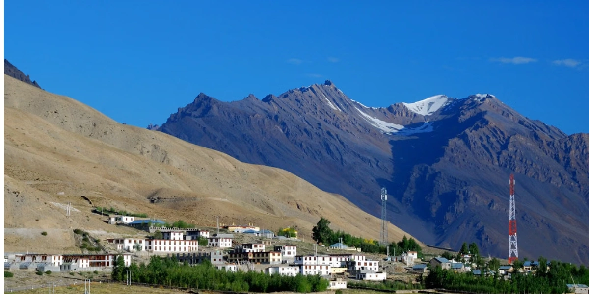 Rangrik Village Riverside Views in Spiti Valley Rangrik village near Kaza in Spiti Valley with wide Spiti River and Himalayan sunset