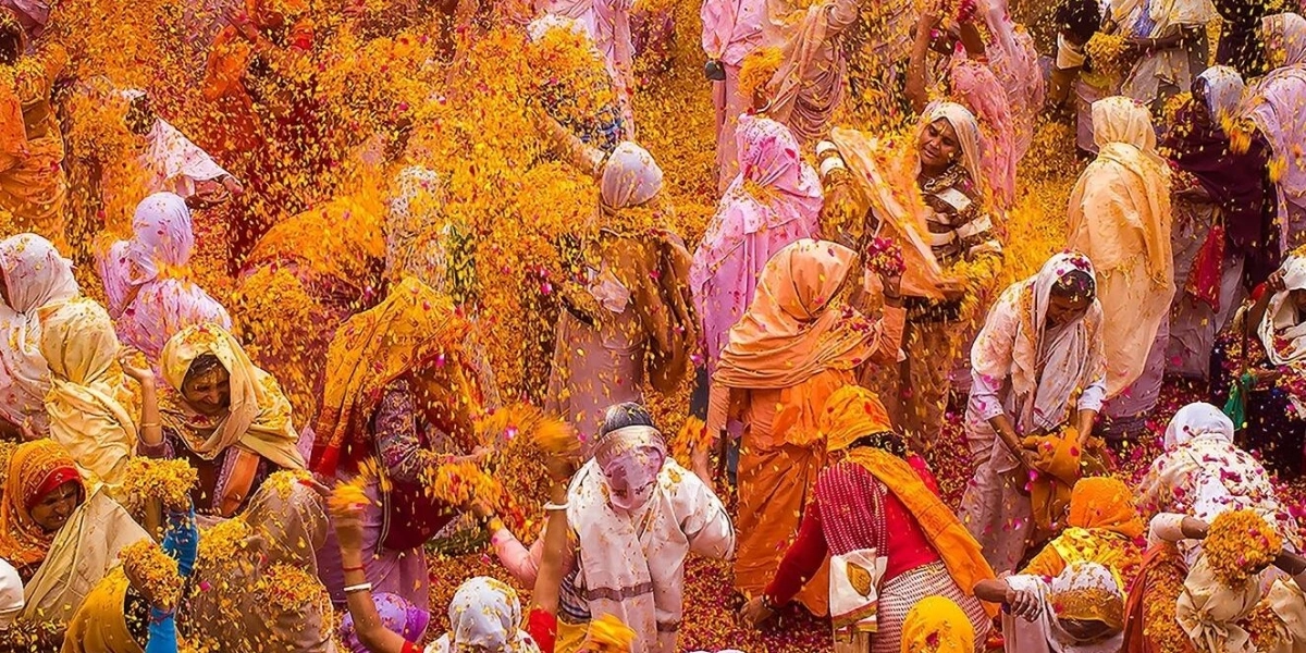 Banke Bihari Temple Holi Festival in Vrindavan Holi 2026 celebration at Banke Bihari Temple in Vrindavan with colours and flower petals