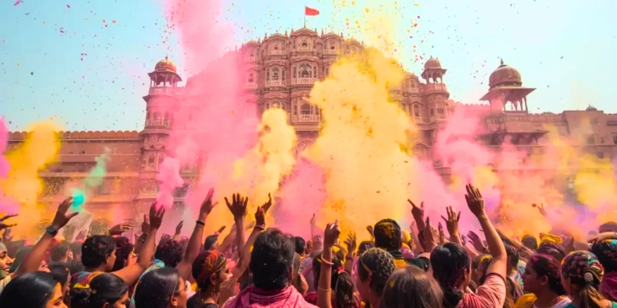 Holi Festival in Jaipur 2026 Holi 2026 celebration in Jaipur with colourful powder against Pink City architecture